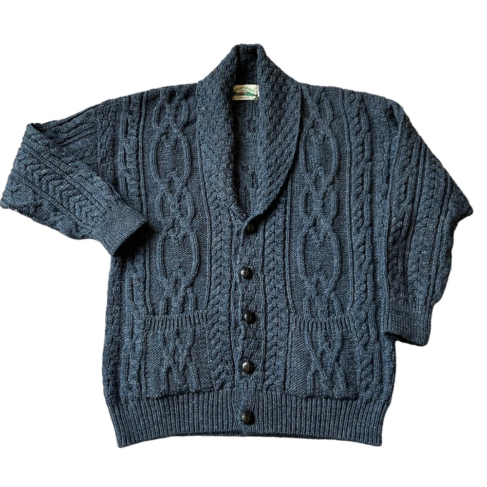 ARAN Crafts BLUE WOOL Cable Knit Sweater Cardigan grandpa shawl neck medium